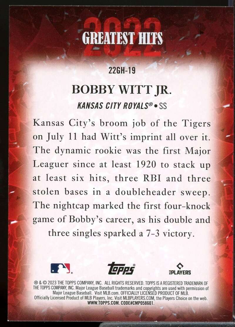 Bobby Witt Jr. Card 2023 Topps '22 Greatest Hits #22GH19  Image 2