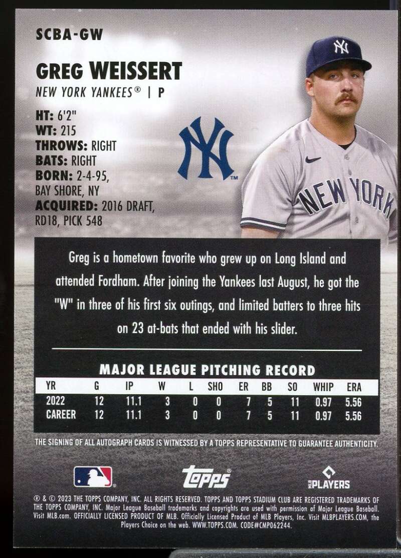 Greg Weissert Rookie Card 2023 Stadium Club Autographs #SCBAGW  Image 2