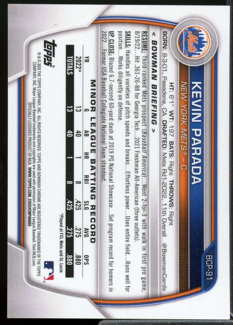 Kevin Parada Card 2023 Bowman Chrome Prospects Lava Refractors #BCP91  Image 2
