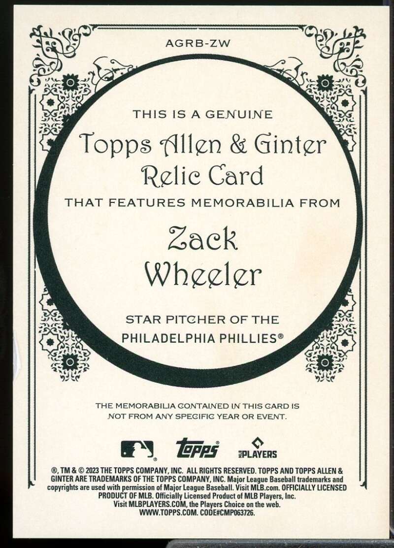 Zack Wheeler Card 2023 Topps Allen and Ginter Relics #AGRBZW  Image 2