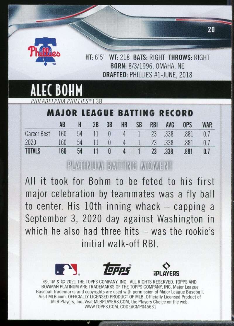 Alec Bohm Rookie Card 2021 Bowman Platinum #20  Image 2