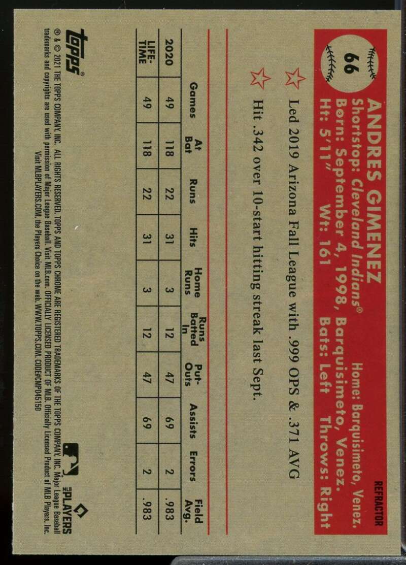 Andres Gimenez Rookie 2021 Topps Chrome Platinum Anniversary Refractors #66  Image 2