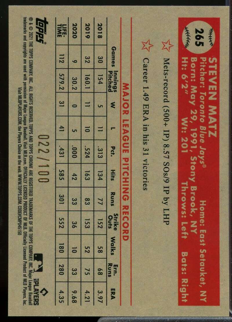 Steven Matz 2021 Topps Chrome Platinum Anniversary Red Atomic Refractors #265  Image 2
