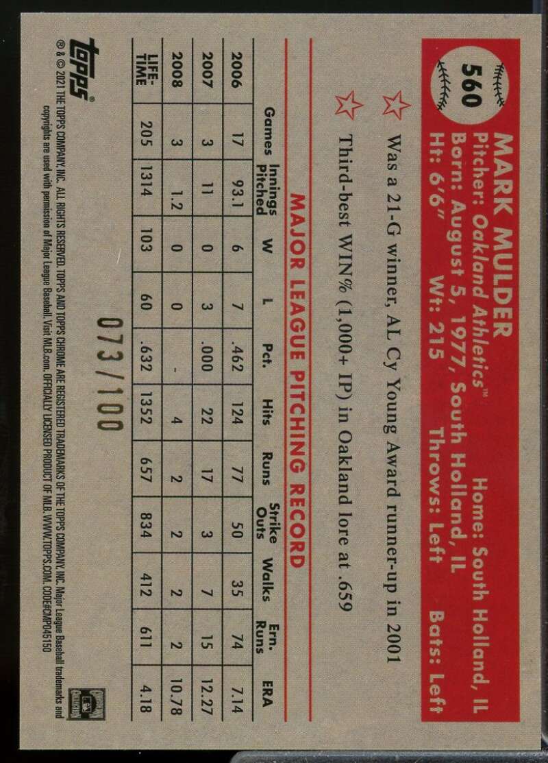 Mark Mulder 2021 Topps Chrome Platinum Anniversary Red Atomic Refractors #560  Image 2