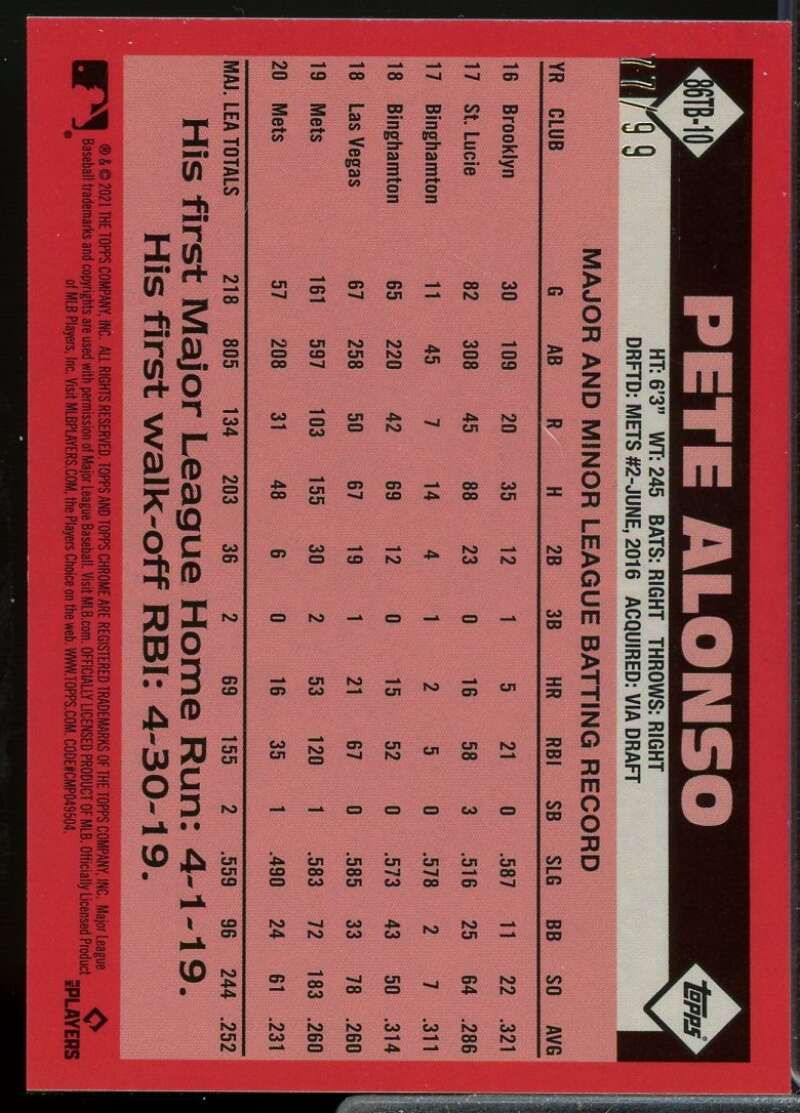 Pete Alonso 2021 Topps Chrome Ben Baller '86 Topps Green Refractors #86TB10  Image 2