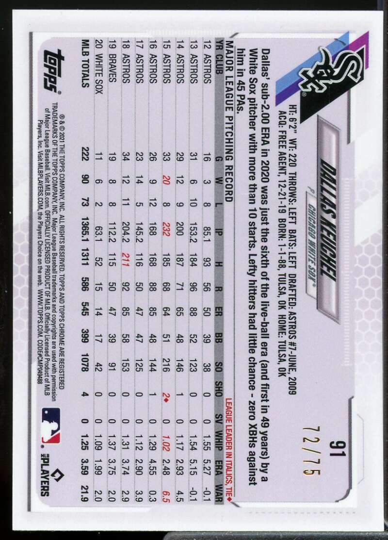 Dallas Keuchel Card 2021 Topps Chrome Ben Baller Blue Refractors #91  Image 2