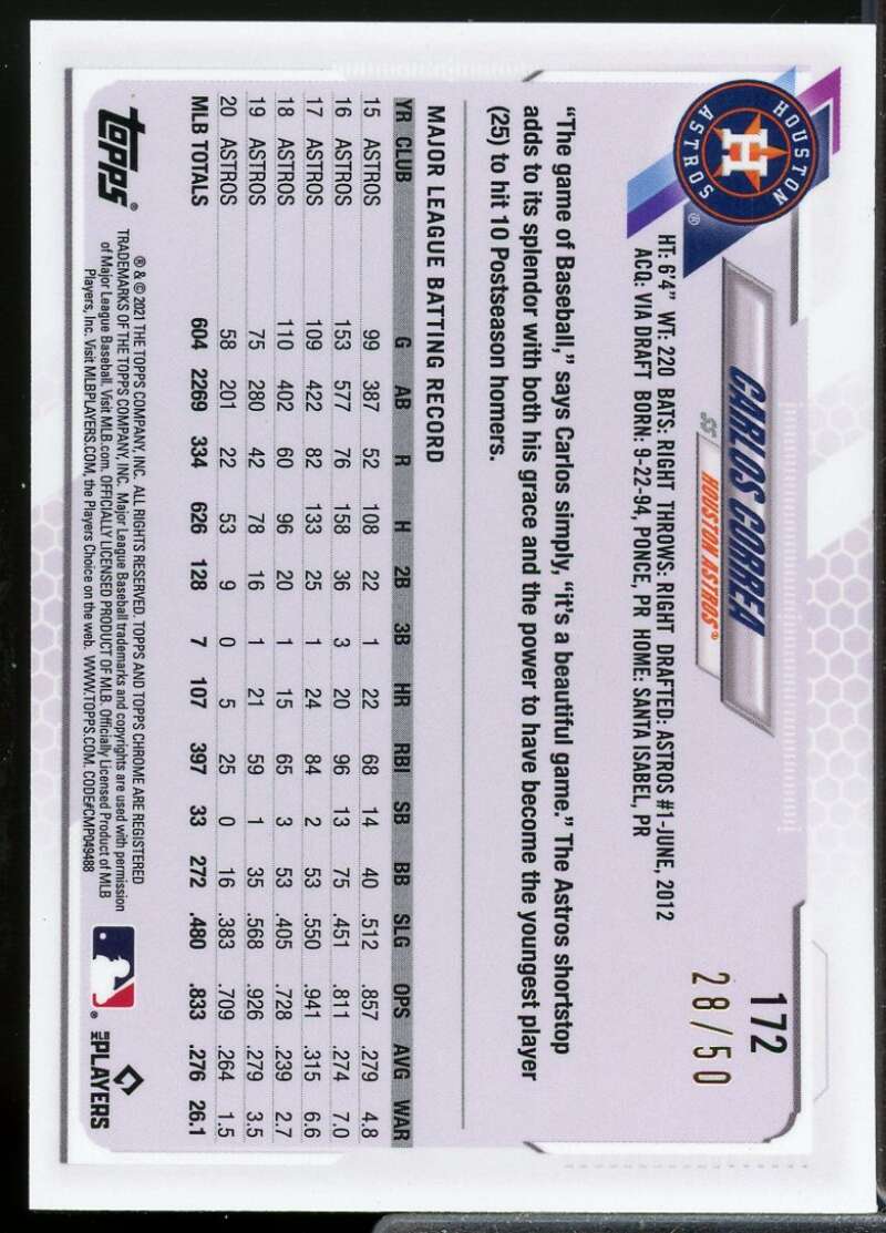 Carlos Correa Card 2021 Topps Chrome Ben Baller Gold Refractors #172  Image 2