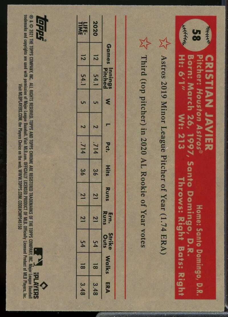 Javier Rookie Card 2021 Topps Chrome Anniversary Black White Diamond Ref #58  Image 2