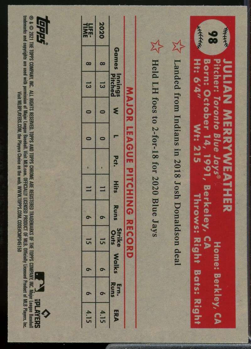 Merryweather Rookie Card 2021 Topps Chrome Ann. Black White Diamond Ref #98  Image 2