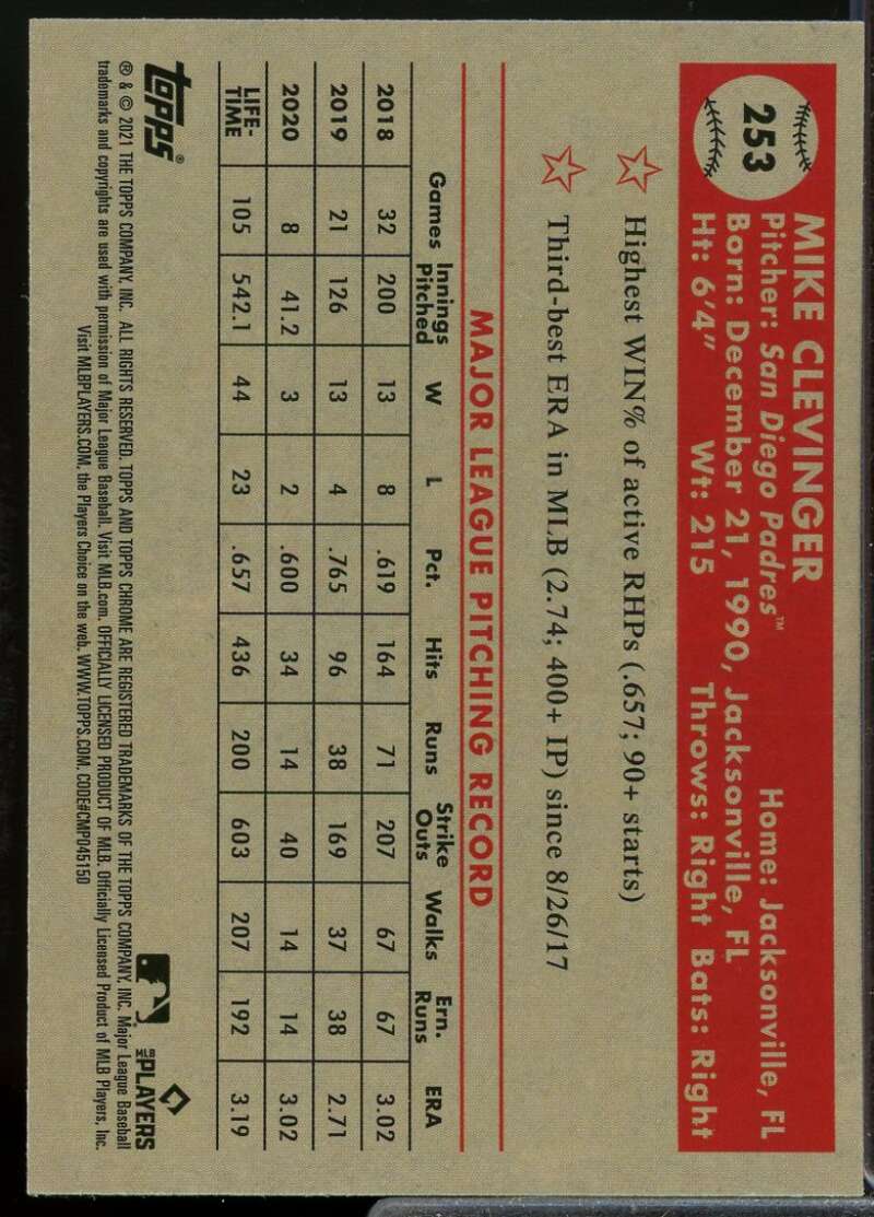 Clevinger 2021 Topps Chrome Anniversary Black White Mini Diamond Refractors #253  Image 2