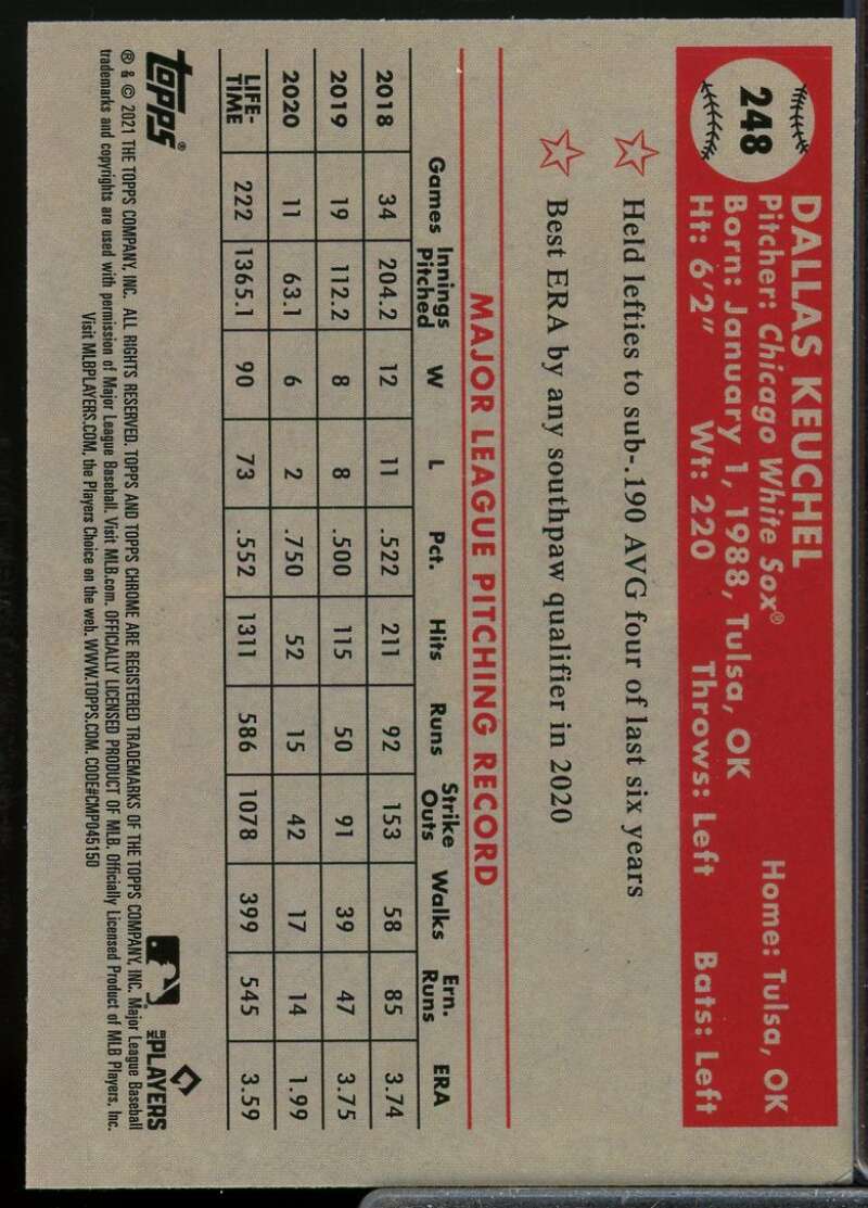 Keuchel 2021 Topps Chrome Anniversary Black White Mini Diamond Refractors #248  Image 2