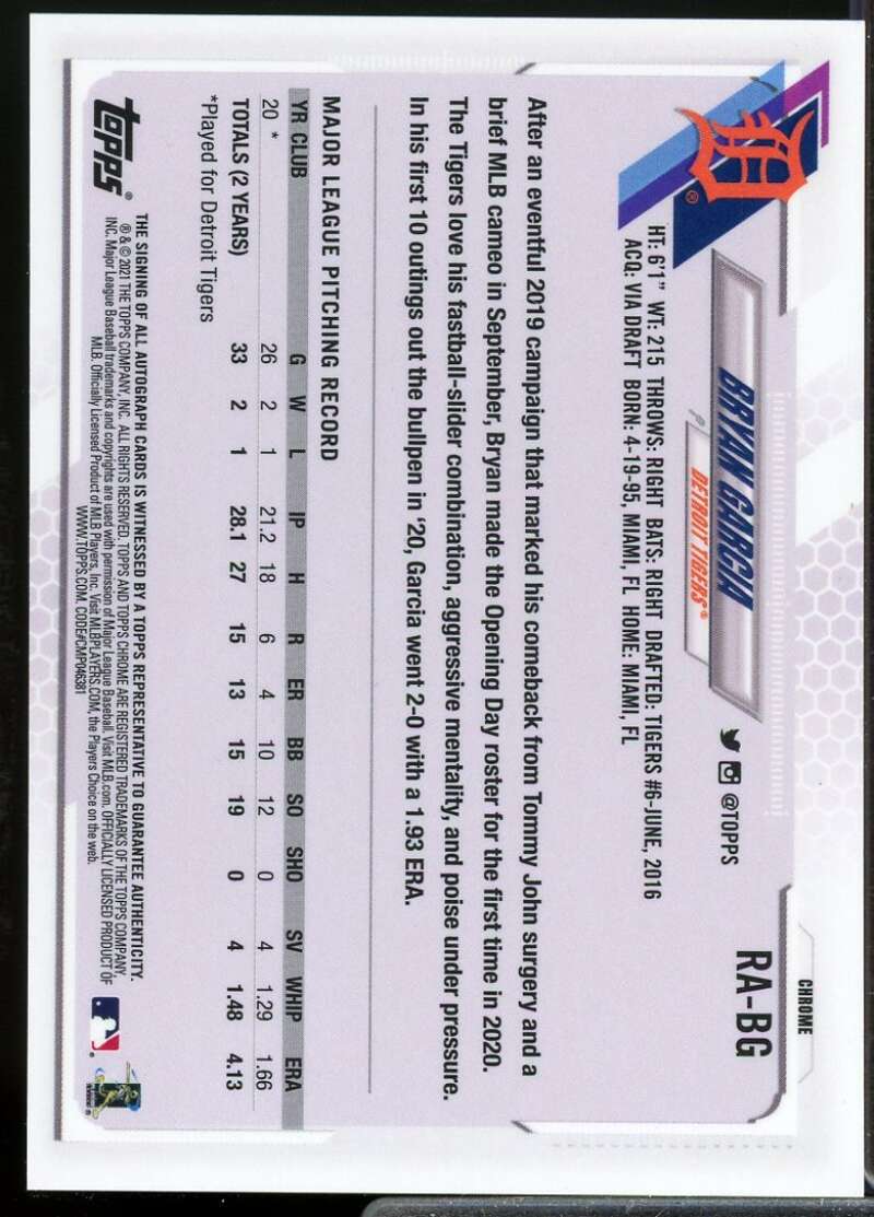 Bryan Garcia Rookie Card 2021 Topps Chrome Rookie Autographs #RABG  Image 2