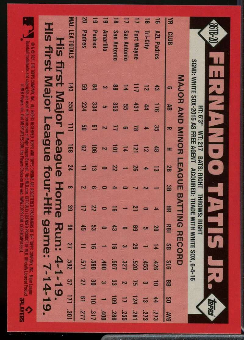 Fernando Tatis Jr. Card 2021 Topps Chrome Ben Baller '86 Topps #86TB20  Image 2