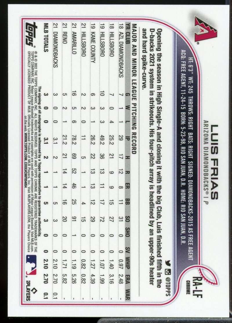 Luis Frias Rookie Card 2022 Topps Chrome Rookie Autographs #RALF  Image 2