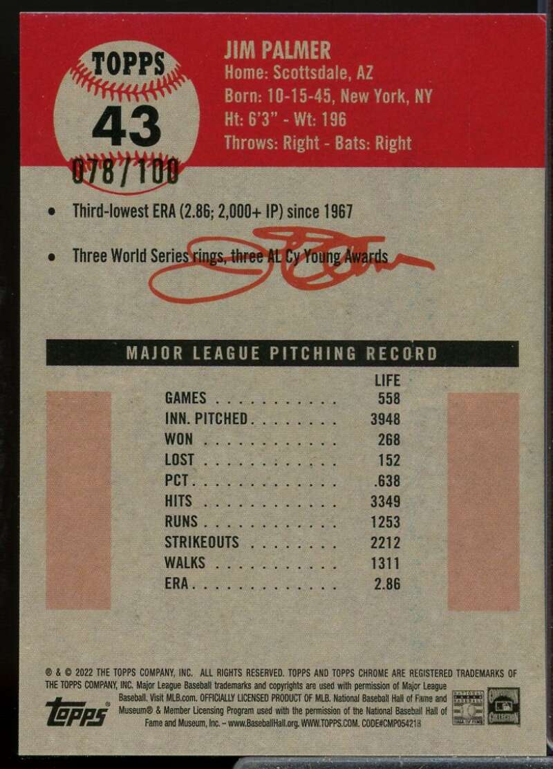 Jim Palmer 2022 Topps Chrome Platinum Anniversary Red Atomic Refractors #43  Image 2