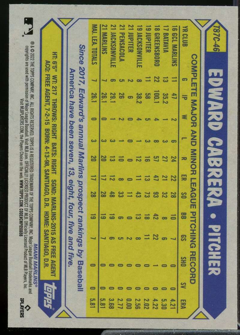 Edward Cabrera Rookie Card 2022 Topps '87 Topps Silver Pack Chrome #T87C46  Image 2