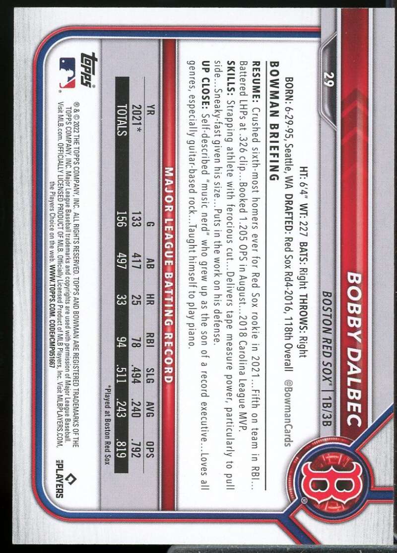 Bobby Dalbec Card 2022 Bowman Sky Blue #29  Image 2