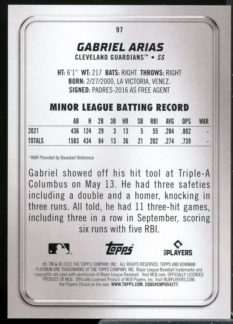 Gabriel Arias Rookie Card 2022 Bowman Platinum Pink #97  Image 2