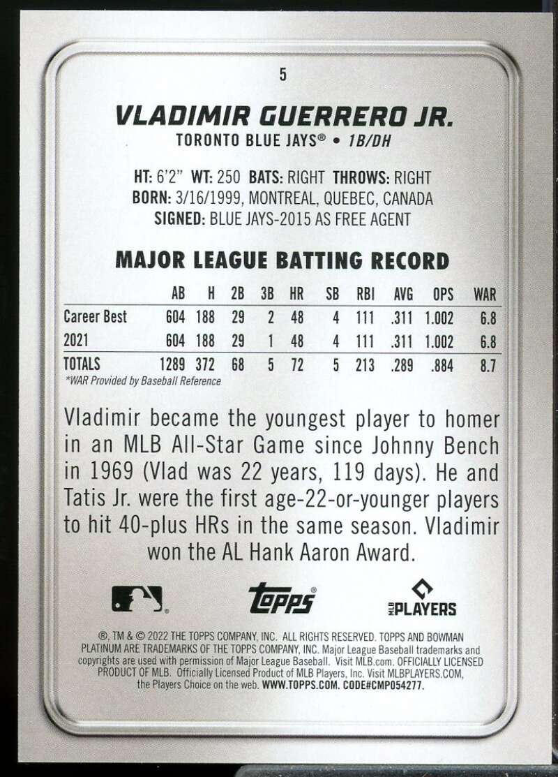 Vladimir Guerrero Jr. Card 2022 Bowman Platinum Green #5  Image 2