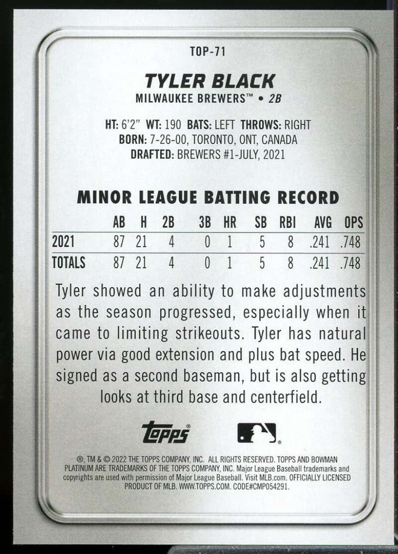 Tyler Black Card 2022 Bowman Platinum Top Prospects Ice #TOP71  Image 2