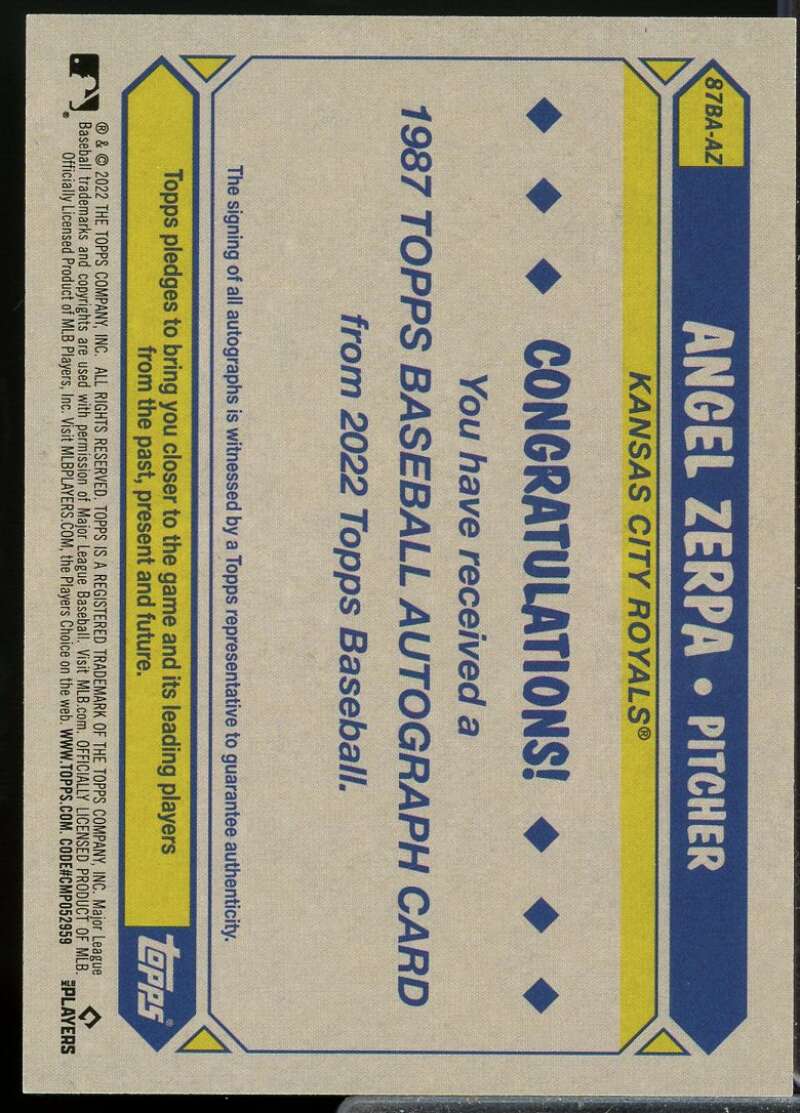 Angel Zerpa Rookie Card 2022 Topps Update '87 Topps Autographs #87BAAZ  Image 2