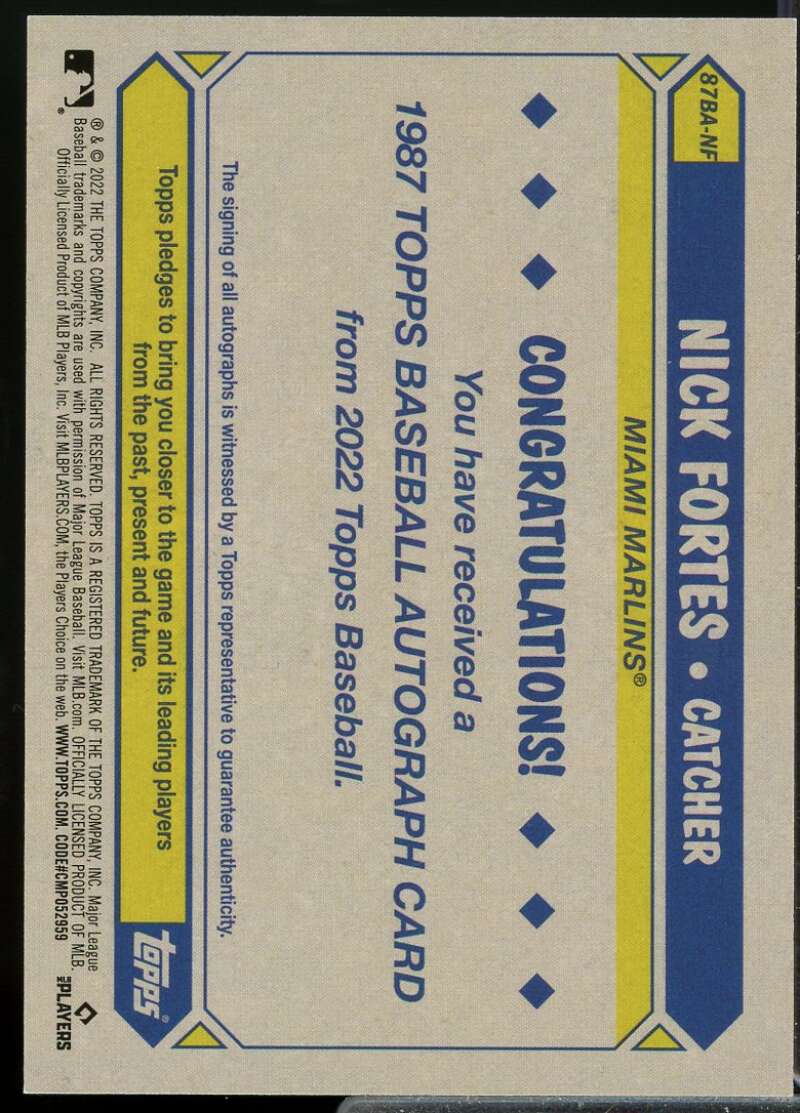 Nick Fortes Rookie Card 2022 Topps Update '87 Topps Autographs #87BANF  Image 2