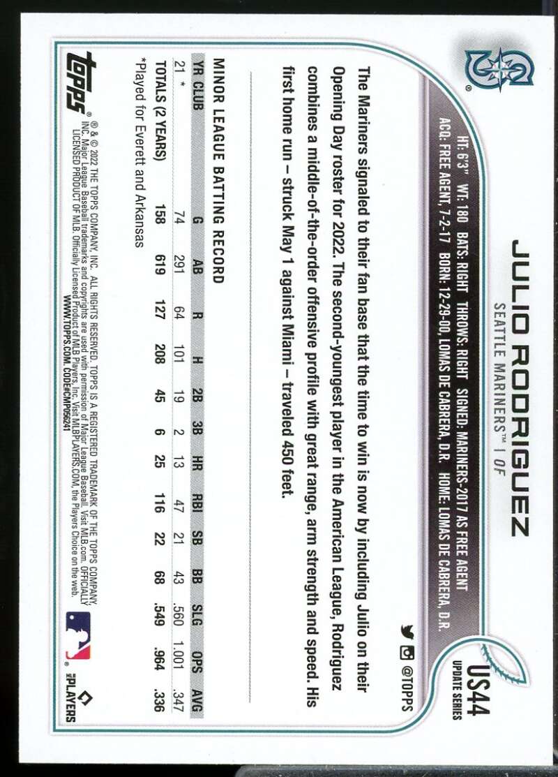 Julio Rodriguez Rookie Card 2022 Topps Update #US44  Image 2