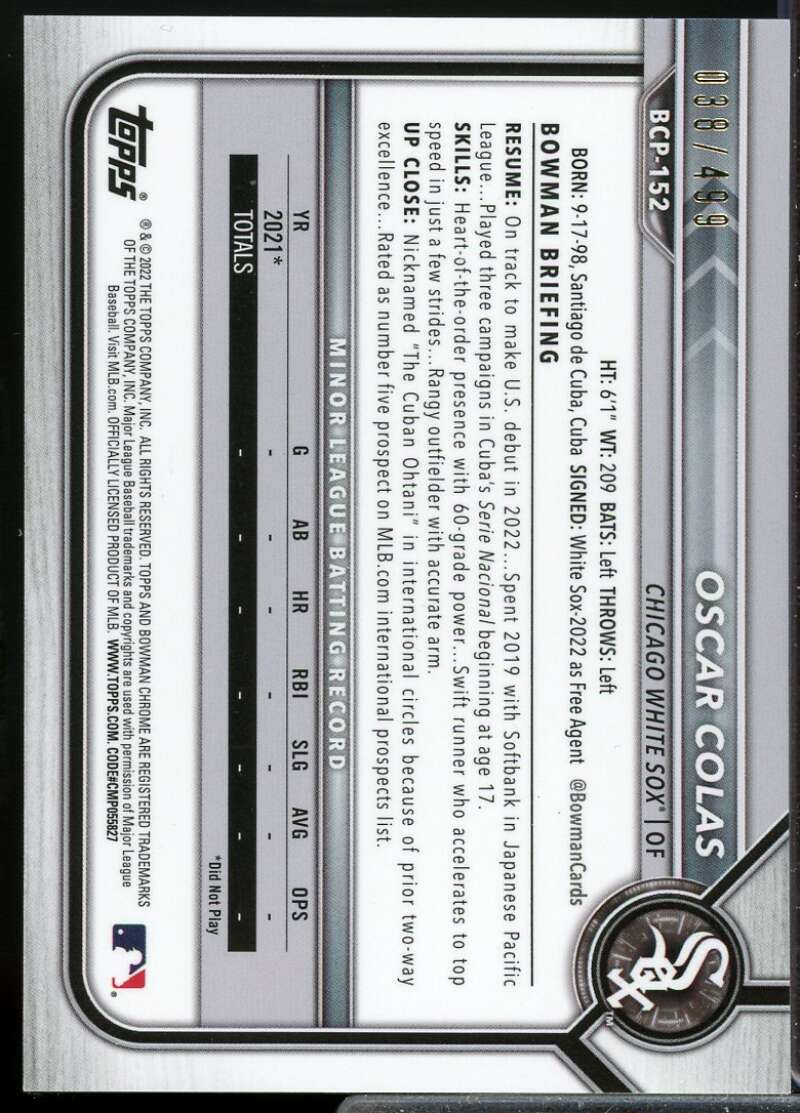 Oscar Colas Rookie Card 2022 Bowman Chrome Prospects Refractors #BCP152  Image 2