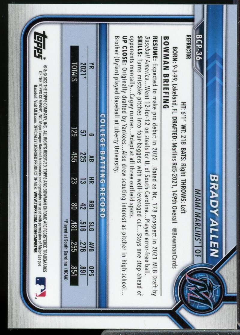 Brady Allen Rookie Card 2022 Bowman Chrome Prospects Refractors #BCP36  Image 2