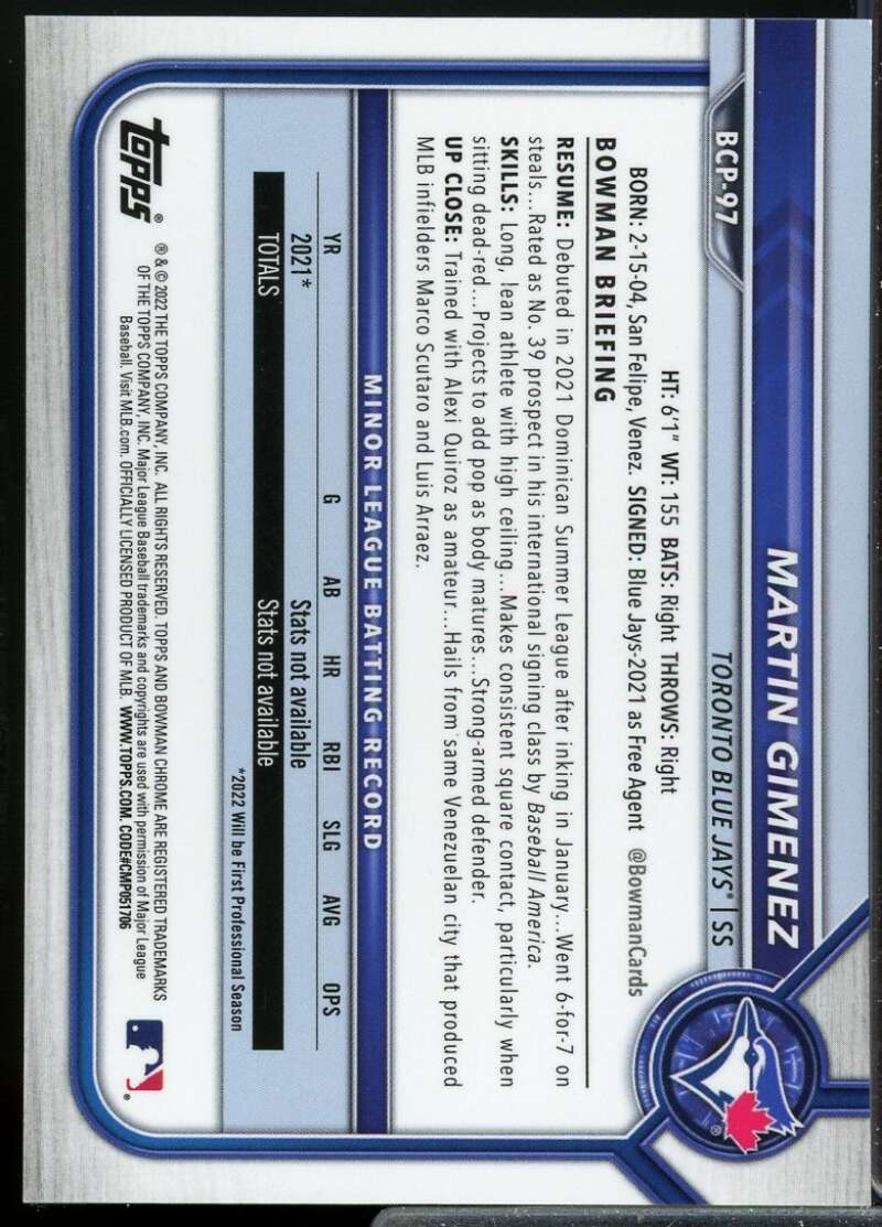 Martin Gimenez Rookie Card 2022 Bowman Chrome Prospects Lava Refractors #BCP97  Image 2