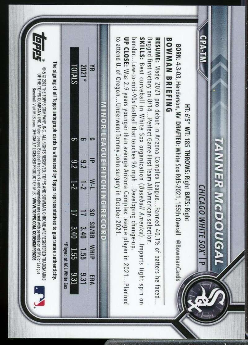 Tanner McDougal Rookie Card 2022 Bowman Chrome Prospect Autographs #CPATM  Image 2