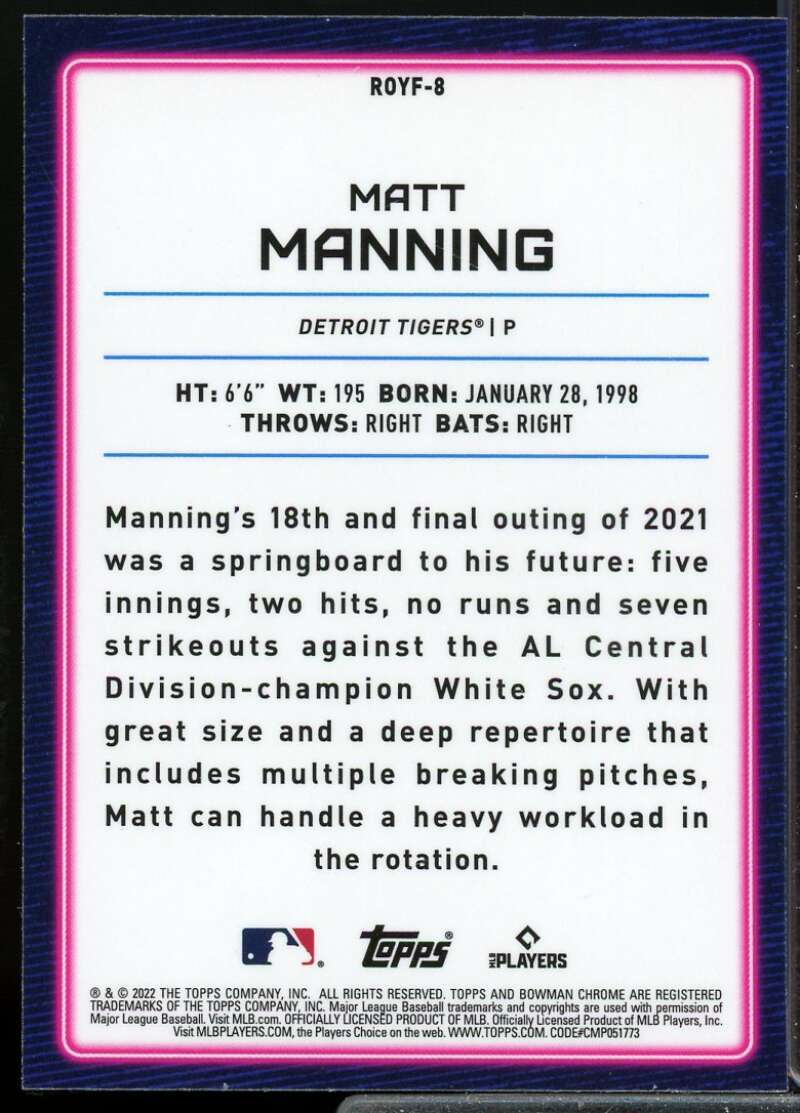 Matt Manning Rookie Card 2022 Bowman Chrome Rookie of the Year Favorites #ROYF8  Image 2