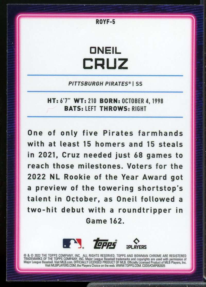 Oneil Cruz Rookie Card 2022 Bowman Chrome Mega Box ROY Favorites #ROYF5  Image 2