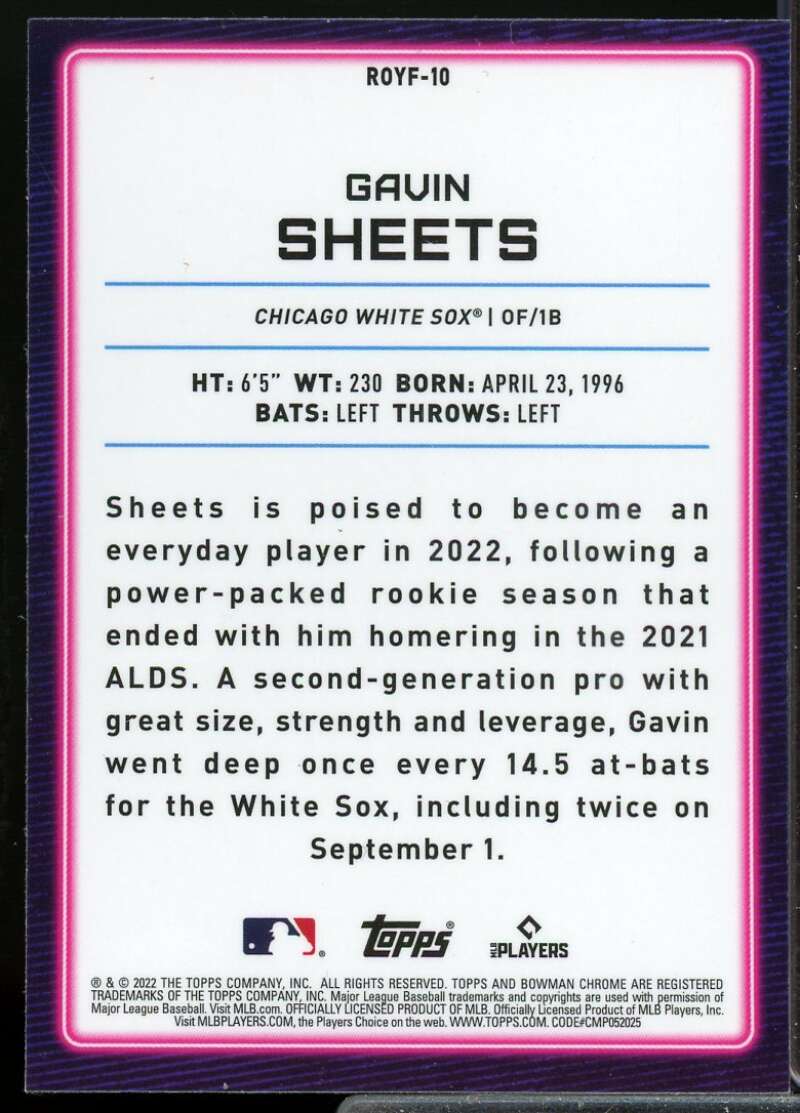 Gavin Sheets Rookie Card 2022 Bowman Chrome Mega Box ROY Favorites #ROYF10  Image 2