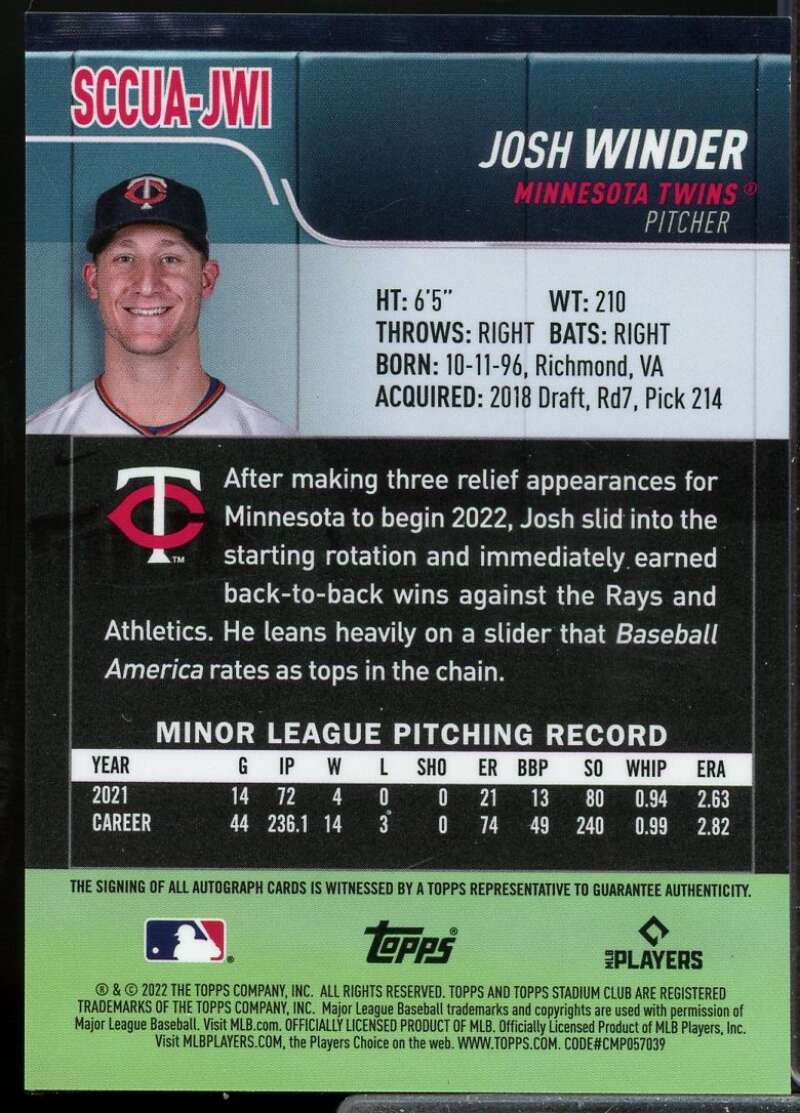 Josh Winder Rookie Card 2022 Stadium Club Chrome Autographs #SCCUAJWI  Image 2