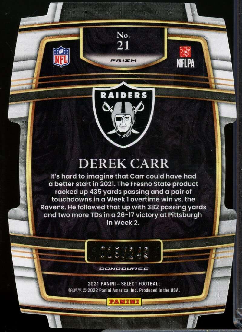 Derek Carr Card 2021 Select Prizm Orange Die Cut #21  Image 2