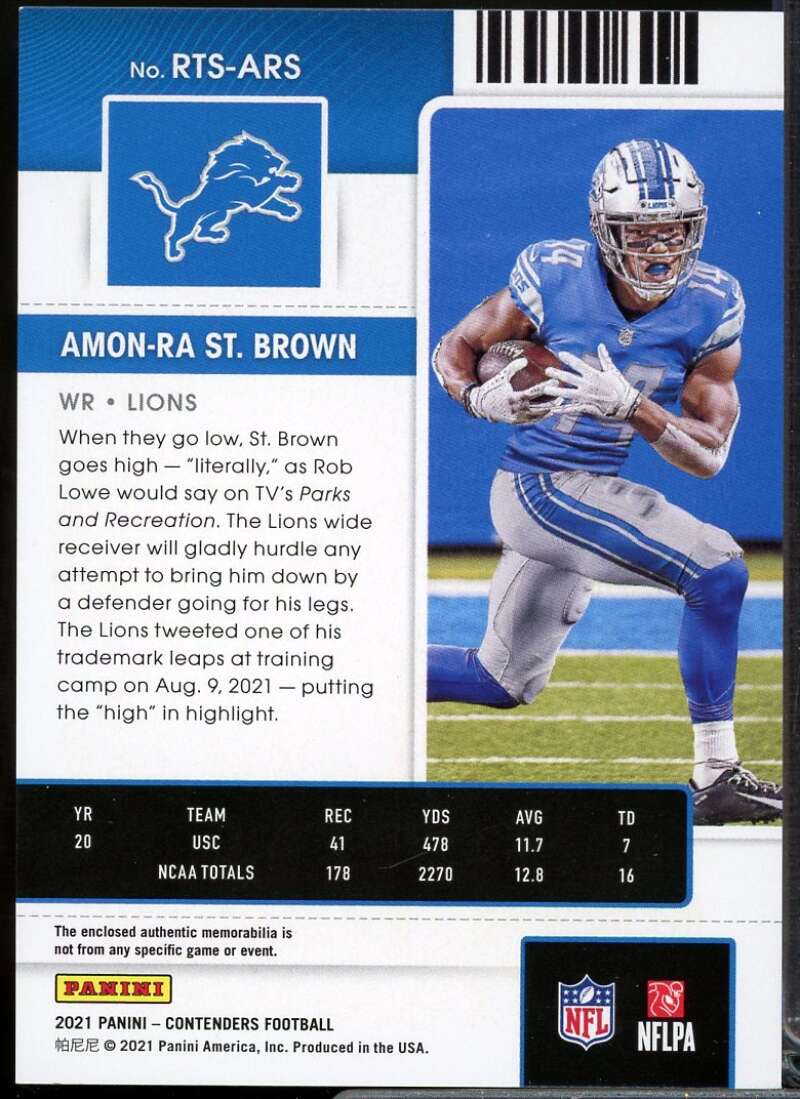 Amon-Ra St. Brown Card 2021 Panini Contenders Rookie Ticket Swatches #31  Image 2