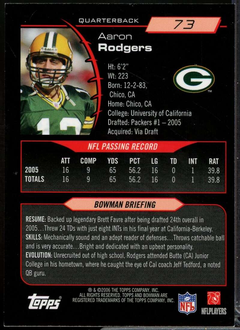Aaron Rodgers Card 2006 Bowman Gold #73  Image 2