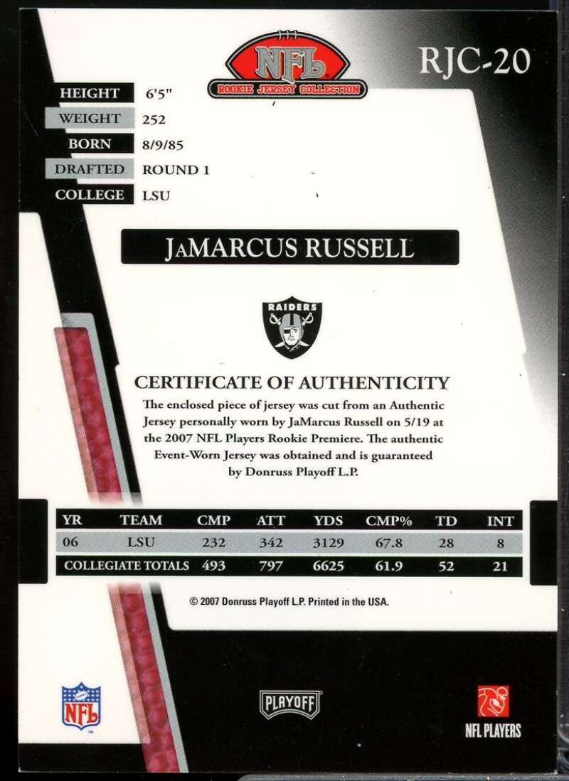 JaMarcus Russell Card 2007 Absolute Memorabilia Rookie Jersey Collection #20  Image 2
