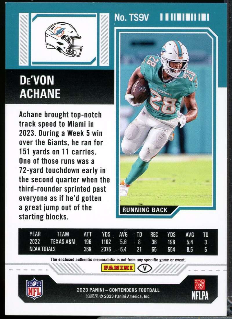 De'Von Achane Rookie 2023 Panini Contenders Rookie Ticket Swatches Variations #9  Image 2