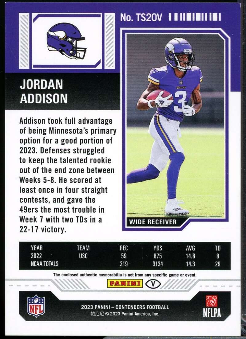Jordan Addison 2023 Panini Contenders Rookie Ticket Swatches Variations #20  Image 2