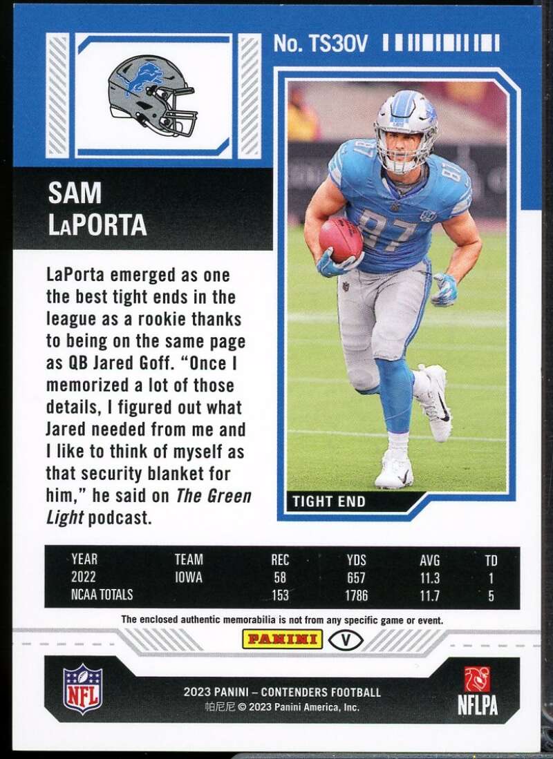 Sam LaPorta Rookie 2023 Panini Contenders Rookie Ticket Swatches Variations #30  Image 2