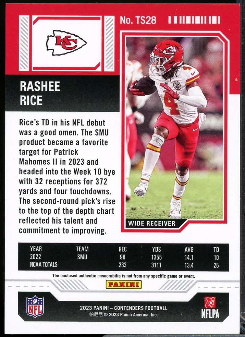 Rashee Rice Rookie Card 2023 Panini Contenders Rookie Ticket Swatches #28  Image 2