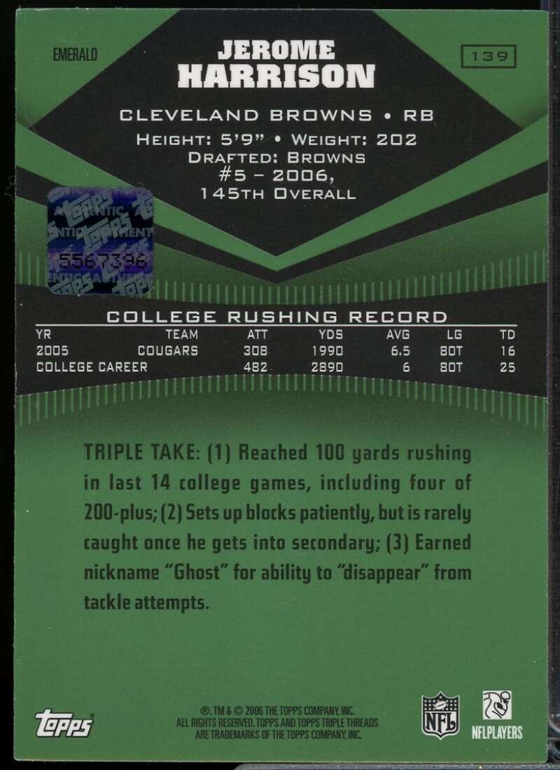 Jerome Harrison JSY AU Card 2006 Topps Triple Threads Emerald #139  Image 2