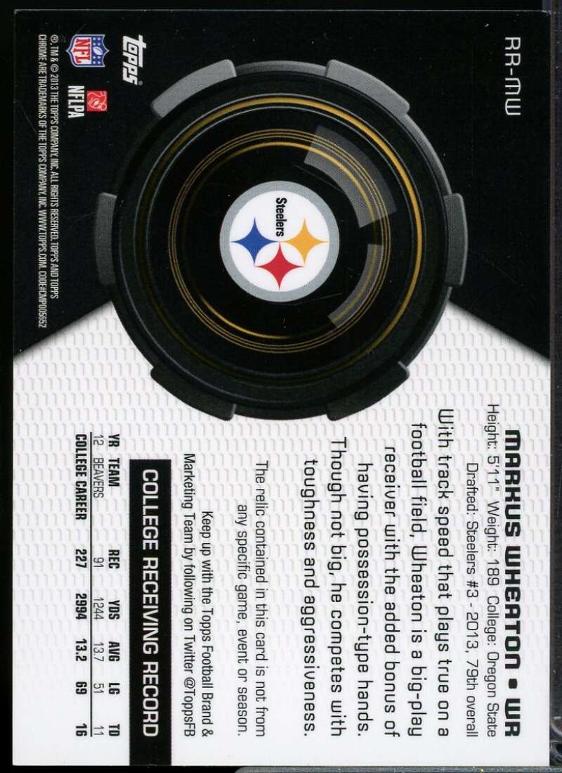 Markus Wheaton Rookie Card 2013 Topps Chrome Rookie Relics #RCMW  Image 2