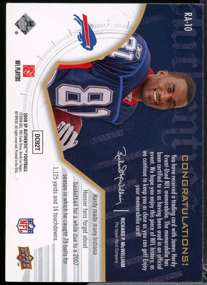 James Hardy Card 2008 SP Authentic Retail Rookie Authentics Jerseys #RA10  Image 2