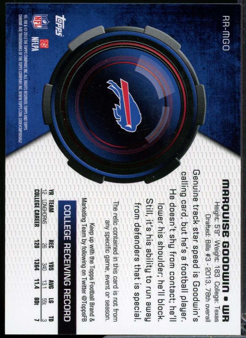 Marquise Goodwin Rookie Card 2013 Topps Chrome Rookie Relics #RCMGO  Image 2