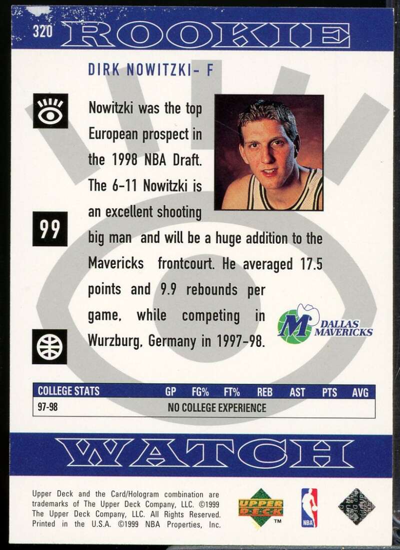 Dirk Nowitzki Rookie Card 1998-99 Upper Deck #320  Image 2