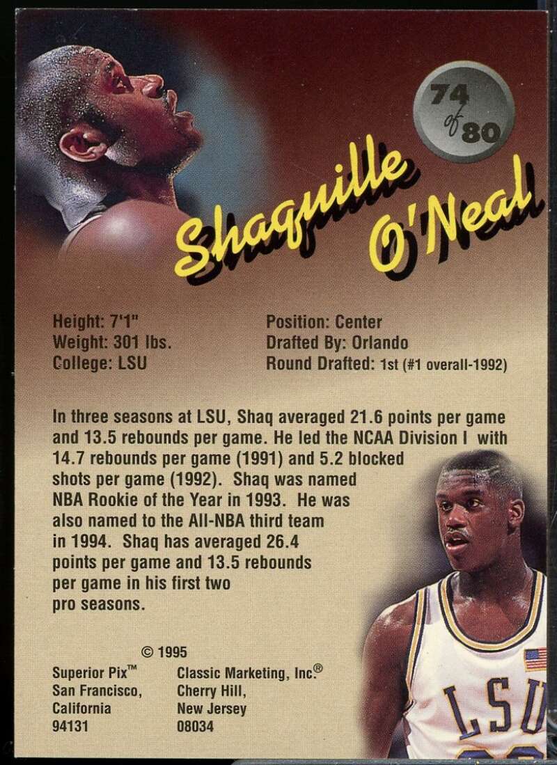 Shaquille O'Neal Card 1995 Superior Pix #74  Image 2