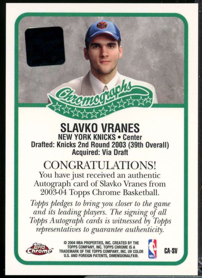 Slavko Vranes B Card 2003-04 Topps Chrome Autographs #CASV  Image 2